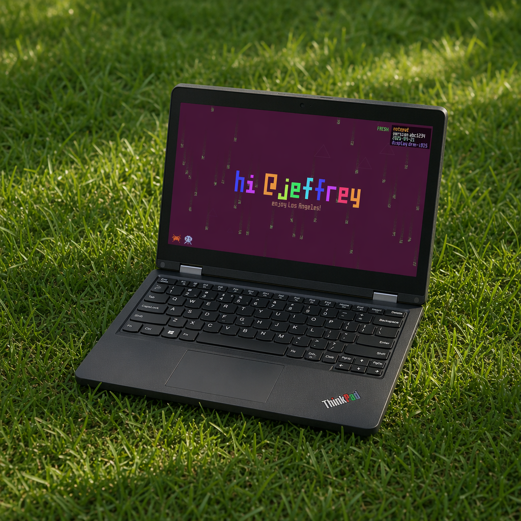 AC Native Laptop — ThinkPad on grass running notepat, hi @jeffrey, enjoy Los Angeles!