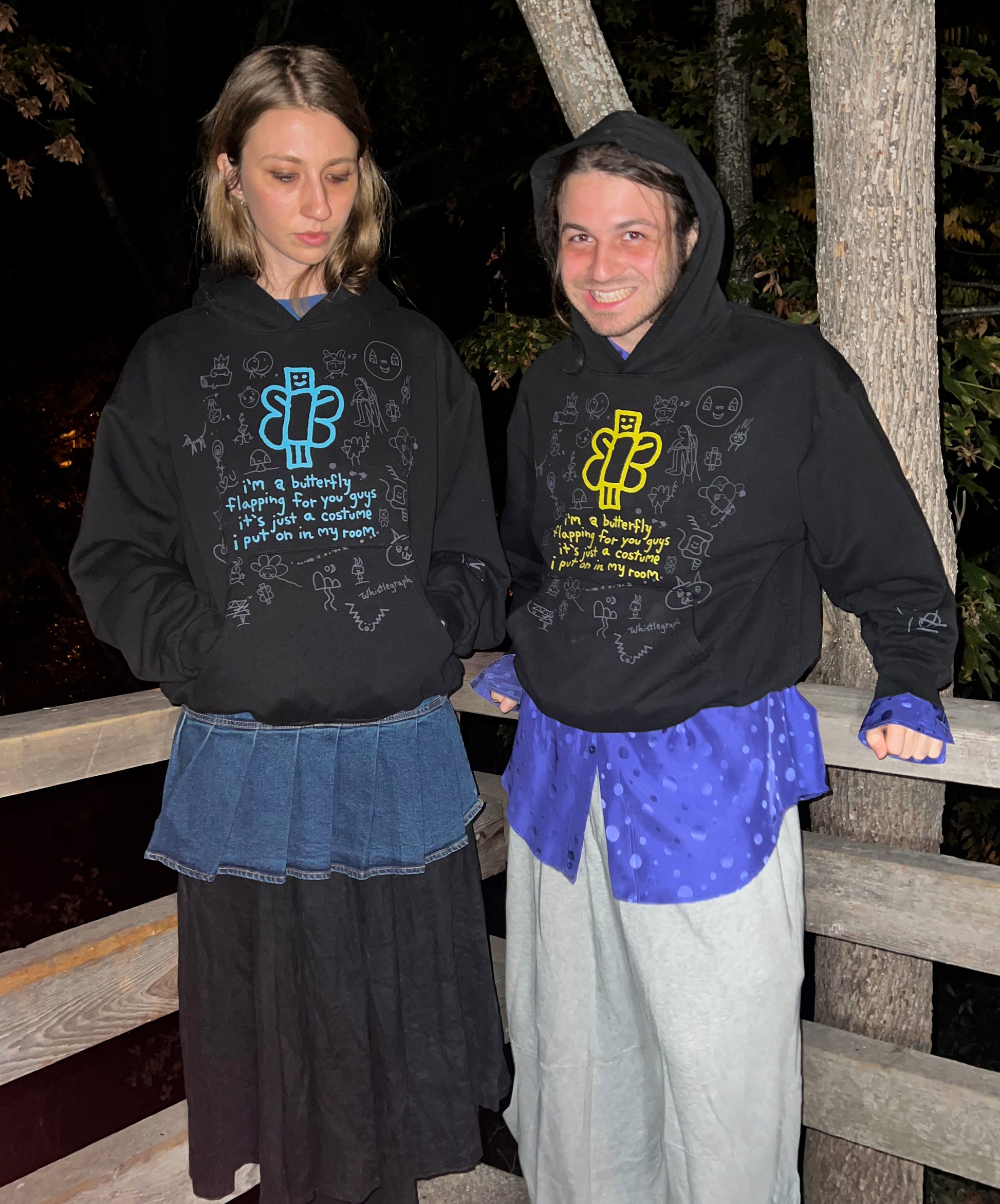 Both hoodies leaning at night